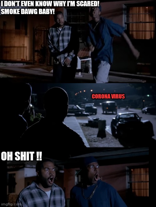 I DON'T EVEN KNOW WHY I'M SCARED!
SMOKE DAWG BABY! CORONA VIRUS; OH SHIT !! | image tagged in corona virus,corona,funny,funny meme | made w/ Imgflip meme maker