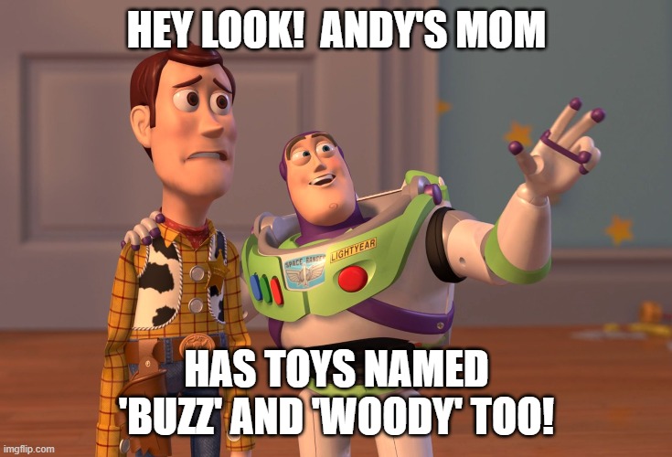 X, X Everywhere | HEY LOOK!  ANDY'S MOM; HAS TOYS NAMED 'BUZZ' AND 'WOODY' TOO! | image tagged in memes,x x everywhere | made w/ Imgflip meme maker