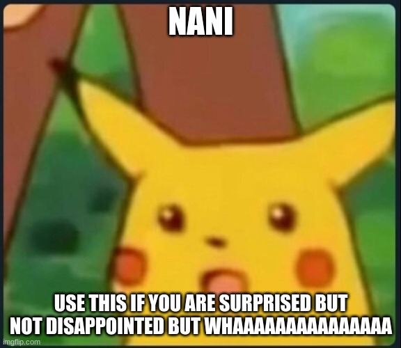 Surprised Pikachu | NANI; USE THIS IF YOU ARE SURPRISED BUT NOT DISAPPOINTED BUT WHAAAAAAAAAAAAAAA | image tagged in surprised pikachu | made w/ Imgflip meme maker