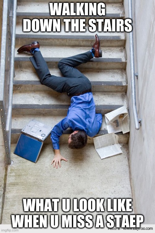 Guy Falling Down Stairs | WALKING DOWN THE STAIRS; WHAT U LOOK LIKE WHEN U MISS A STAEP | image tagged in guy falling down stairs | made w/ Imgflip meme maker