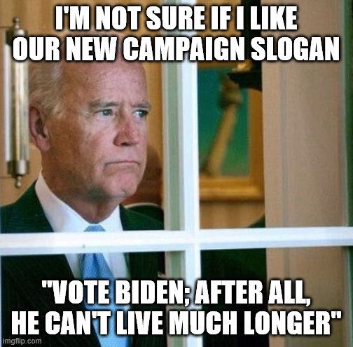 Sad Joe Biden | I'M NOT SURE IF I LIKE OUR NEW CAMPAIGN SLOGAN; "VOTE BIDEN; AFTER ALL, HE CAN'T LIVE MUCH LONGER" | image tagged in sad joe biden | made w/ Imgflip meme maker