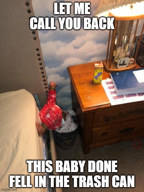 trash baby | LET ME CALL YOU BACK; THIS BABY DONE FELL IN THE TRASH CAN | image tagged in trash,baby,homeschool | made w/ Imgflip meme maker