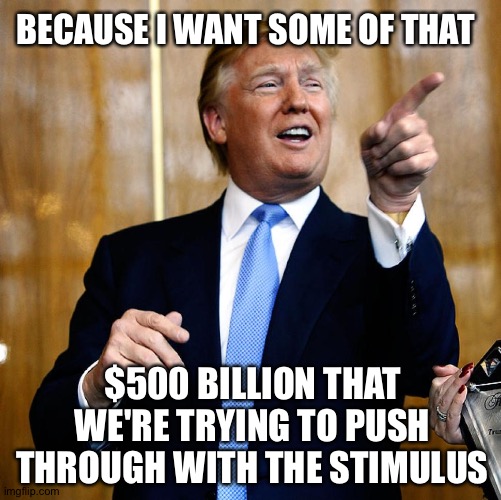 Donal Trump Birthday | BECAUSE I WANT SOME OF THAT $500 BILLION THAT WE'RE TRYING TO PUSH THROUGH WITH THE STIMULUS | image tagged in donal trump birthday | made w/ Imgflip meme maker