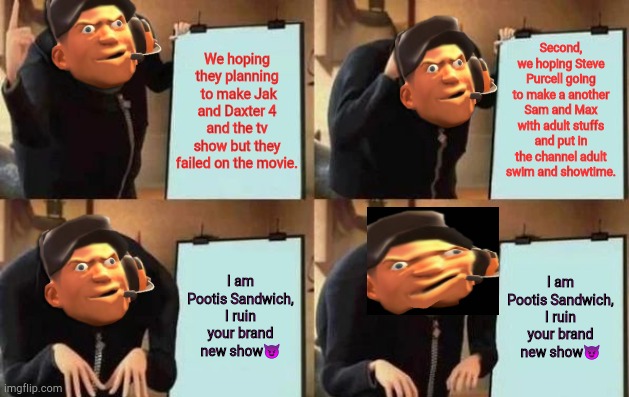 Scout's Plan but Pootis Sandwich ruin it | We hoping they planning  to make Jak and Daxter 4 and the tv show but they failed on the movie. Second, we hoping Steve Purcell going to make a another Sam and Max with adult stuffs and put in the channel adult swim and showtime. I am Pootis Sandwich, I ruin your brand new show😈; I am Pootis Sandwich, I ruin your brand new show😈 | image tagged in gru's plan,ruin,planning,favorites | made w/ Imgflip meme maker