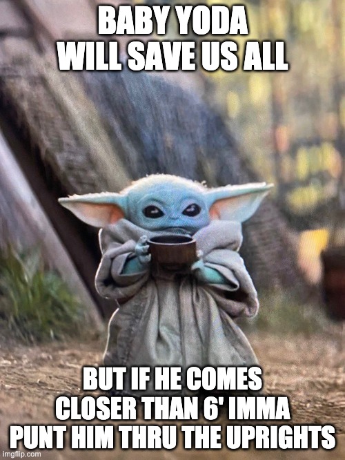 BABY YODA TEA | BABY YODA WILL SAVE US ALL; BUT IF HE COMES CLOSER THAN 6' IMMA PUNT HIM THRU THE UPRIGHTS | image tagged in baby yoda tea | made w/ Imgflip meme maker