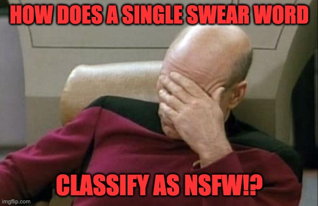 Captain Picard Facepalm Meme | HOW DOES A SINGLE SWEAR WORD CLASSIFY AS NSFW!? | image tagged in memes,captain picard facepalm | made w/ Imgflip meme maker