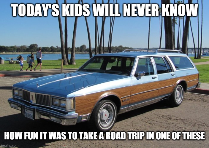 1991 Oldsmobile Custom Cruiser Station Wagon | TODAY'S KIDS WILL NEVER KNOW; HOW FUN IT WAS TO TAKE A ROAD TRIP IN ONE OF THESE | image tagged in 1991 oldsmobile custom cruiser station wagon | made w/ Imgflip meme maker