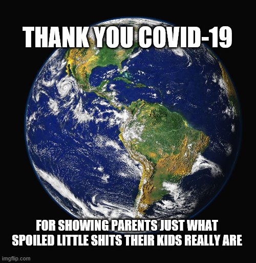 PLANET EARTH | THANK YOU COVID-19; FOR SHOWING PARENTS JUST WHAT SPOILED LITTLE SHITS THEIR KIDS REALLY ARE | image tagged in planet earth | made w/ Imgflip meme maker