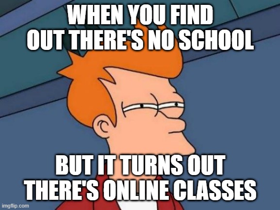 Futurama Fry | WHEN YOU FIND OUT THERE'S NO SCHOOL; BUT IT TURNS OUT THERE'S ONLINE CLASSES | image tagged in memes,futurama fry | made w/ Imgflip meme maker