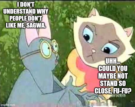 I DON'T UNDERSTAND WHY PEOPLE DON'T LIKE ME, SAGWA. UHH... COULD YOU MAYBE NOT STAND SO CLOSE, FU-FU? | made w/ Imgflip meme maker