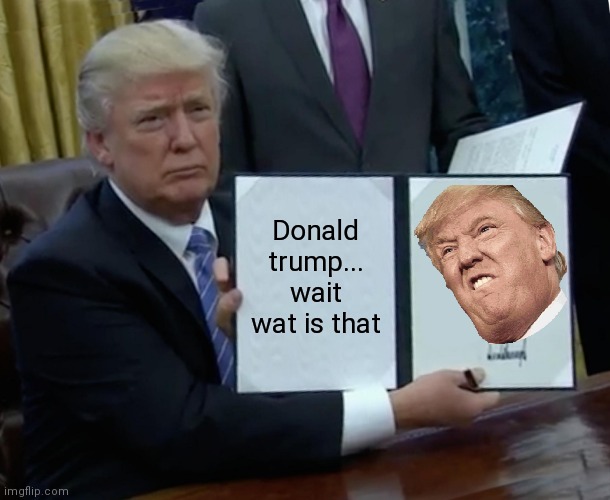 Trump Bill Signing | Donald trump...
wait wat is that | image tagged in memes,trump bill signing | made w/ Imgflip meme maker