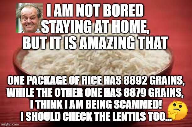 All this rice | I AM NOT BORED STAYING AT HOME,
BUT IT IS AMAZING THAT; ONE PACKAGE OF RICE HAS 8892 GRAINS,
WHILE THE OTHER ONE HAS 8879 GRAINS, 
I THINK I AM BEING SCAMMED!
I SHOULD CHECK THE LENTILS TOO... | image tagged in all this rice | made w/ Imgflip meme maker