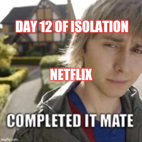 Completed it mate | DAY 12 OF ISOLATION; NETFLIX | image tagged in completed it mate | made w/ Imgflip meme maker