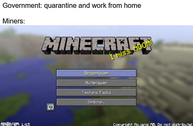 Singleplayer | Government: quarantine and work from home
 
Miners: | image tagged in quarantine,memes | made w/ Imgflip meme maker