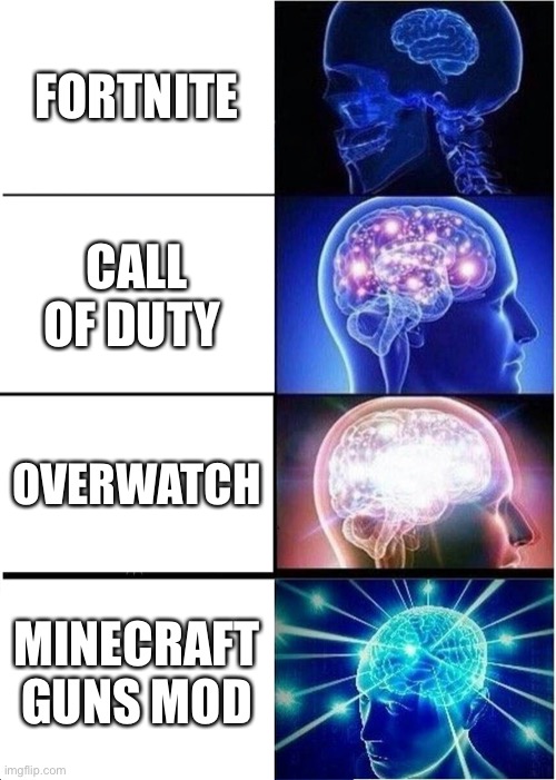 Expanding Brain | FORTNITE; CALL OF DUTY; OVERWATCH; MINECRAFT GUNS MOD | image tagged in memes,expanding brain | made w/ Imgflip meme maker