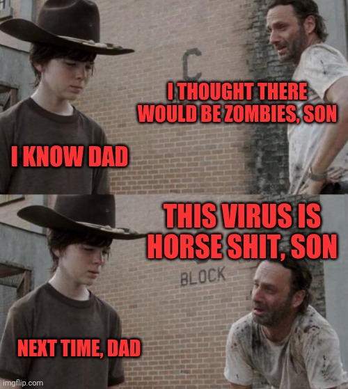 Rick and Carl Meme | I THOUGHT THERE WOULD BE ZOMBIES, SON; I KNOW DAD; THIS VIRUS IS HORSE SHIT, SON; NEXT TIME, DAD | image tagged in memes,rick and carl | made w/ Imgflip meme maker