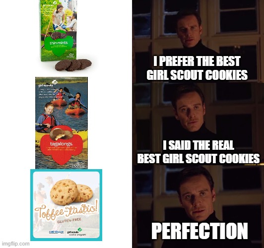perfection | I PREFER THE BEST GIRL SCOUT COOKIES; I SAID THE REAL BEST GIRL SCOUT COOKIES; PERFECTION | image tagged in perfection | made w/ Imgflip meme maker
