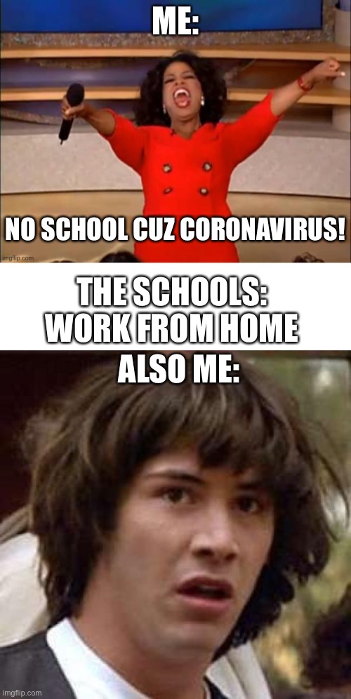ME:; THE SCHOOLS: WORK FROM HOME; NO SCHOOL CUZ CORONAVIRUS! ALSO ME: | image tagged in memes,conspiracy keanu | made w/ Imgflip meme maker