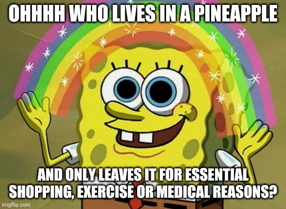 Imagination Spongebob Meme | OHHHH WHO LIVES IN A PINEAPPLE; AND ONLY LEAVES IT FOR ESSENTIAL SHOPPING, EXERCISE OR MEDICAL REASONS? | image tagged in memes,imagination spongebob,coronavirus,lockdown | made w/ Imgflip meme maker