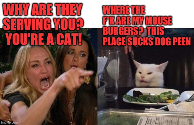 Woman Yelling At Cat Meme | WHERE THE F*K ARE MY MOUSE BURGERS?  THIS PLACE SUCKS DOG PEEN; WHY ARE THEY SERVING YOU?  YOU'RE A CAT! | image tagged in memes,woman yelling at cat | made w/ Imgflip meme maker