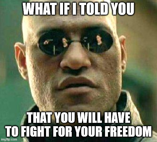 What if i told you | WHAT IF I TOLD YOU; THAT YOU WILL HAVE TO FIGHT FOR YOUR FREEDOM | image tagged in what if i told you | made w/ Imgflip meme maker