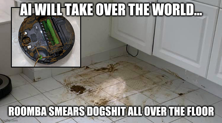 Roomba Smears Dogshit | AI WILL TAKE OVER THE WORLD... ROOMBA SMEARS DOGSHIT ALL OVER THE FLOOR | image tagged in roomba smears dogshit | made w/ Imgflip meme maker