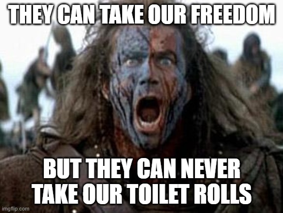 Braveheart  | THEY CAN TAKE OUR FREEDOM; BUT THEY CAN NEVER TAKE OUR TOILET ROLLS | image tagged in braveheart | made w/ Imgflip meme maker
