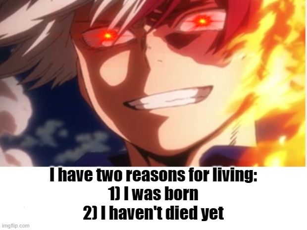 I have two reasons for living:
1) I was born
2) I haven't died yet | made w/ Imgflip meme maker