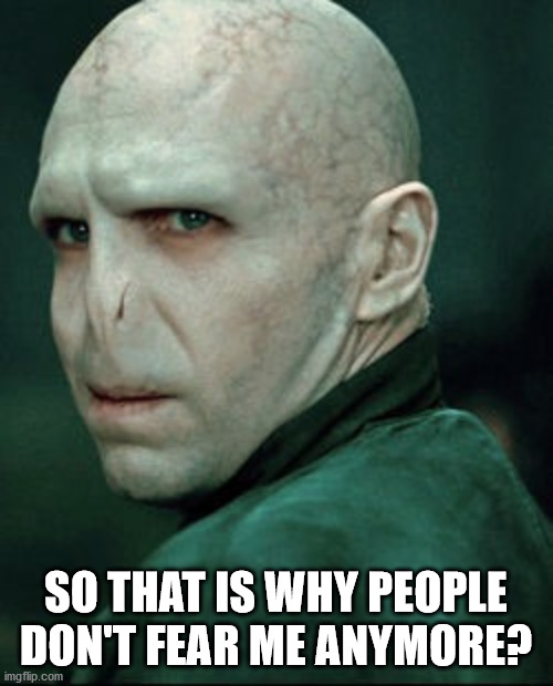 Voldemort | SO THAT IS WHY PEOPLE DON'T FEAR ME ANYMORE? | image tagged in voldemort | made w/ Imgflip meme maker