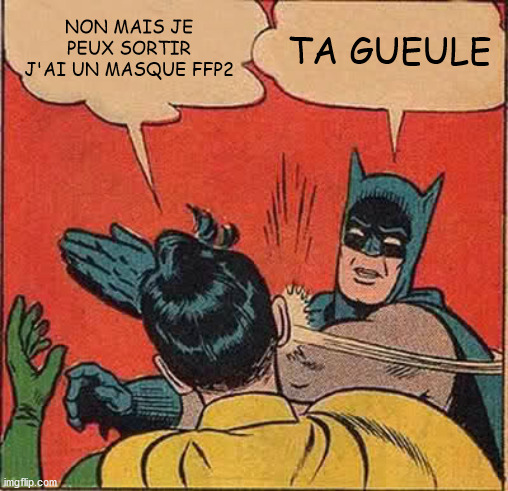 ffp2
corona | NON MAIS JE PEUX SORTIR J'AI UN MASQUE FFP2; TA GUEULE | image tagged in memes,batman slapping robin | made w/ Imgflip meme maker