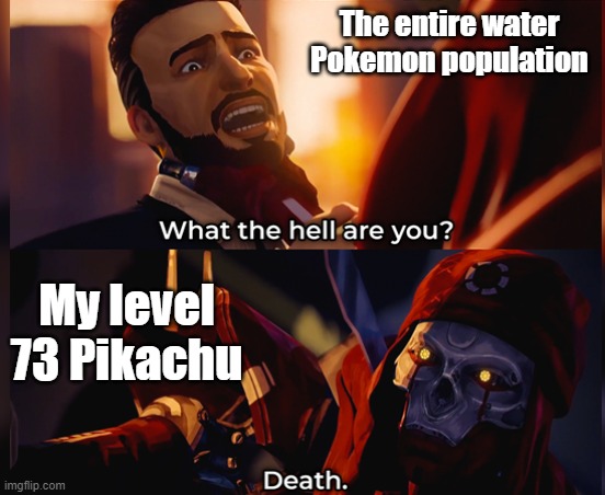 What the hell are you? Death | The entire water Pokemon population; My level 73 Pikachu | image tagged in what the hell are you death | made w/ Imgflip meme maker