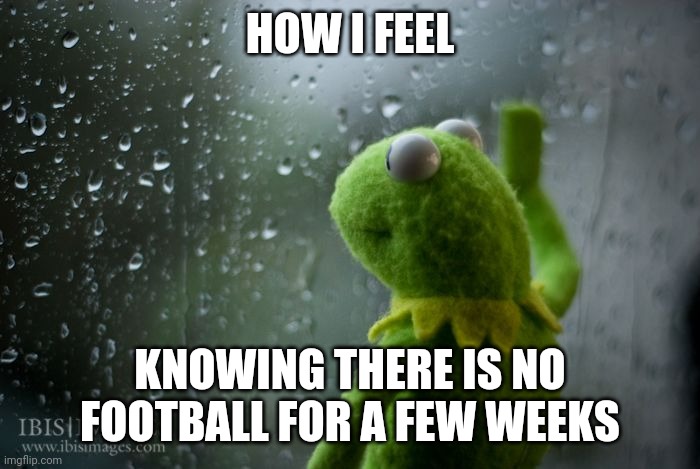 kermit window | HOW I FEEL; KNOWING THERE IS NO FOOTBALL FOR A FEW WEEKS | image tagged in kermit window | made w/ Imgflip meme maker