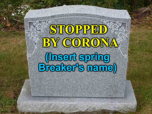 empty gravestone 121212 | STOPPED 
BY CORONA (Insert spring
Breaker's name) | image tagged in empty gravestone 121212 | made w/ Imgflip meme maker