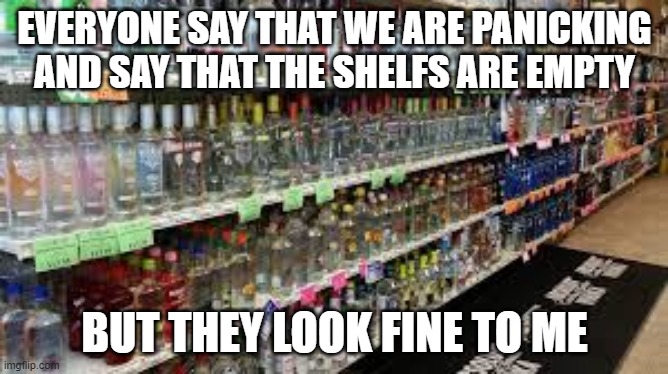 EVERYONE SAY THAT WE ARE PANICKING AND SAY THAT THE SHELFS ARE EMPTY; BUT THEY LOOK FINE TO ME | image tagged in beer,coronavirus,covid-19,panic | made w/ Imgflip meme maker