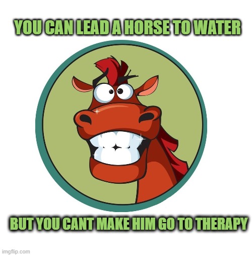 Crazy Horse | YOU CAN LEAD A HORSE TO WATER; BUT YOU CANT MAKE HIM GO TO THERAPY | image tagged in crazy horse,you need help,crazy,funny animals,horse,therapy | made w/ Imgflip meme maker
