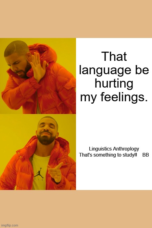 Drake Hotline Bling Meme | That language be hurting my feelings. Linguistics Anthroplogy
That's something to study!!    BB | image tagged in memes,drake hotline bling | made w/ Imgflip meme maker