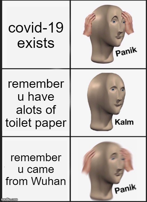 Panik Kalm Panik | covid-19 exists; remember u have alots of toilet paper; remember u came from Wuhan | image tagged in memes,panik kalm panik | made w/ Imgflip meme maker