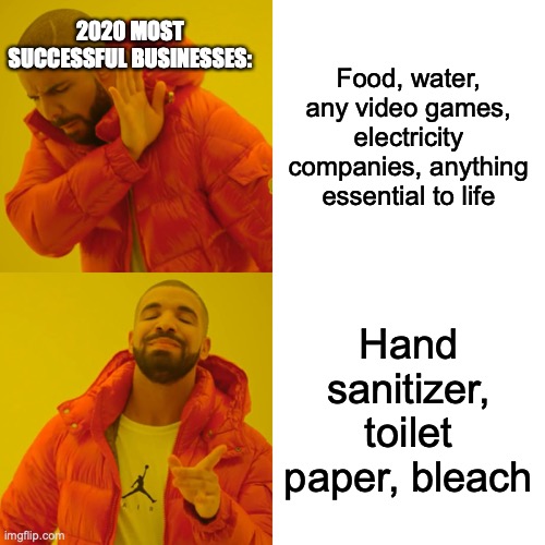 2020, all we need to survive is hand sanitizer and toilet paper | Food, water, any video games, electricity companies, anything essential to life; 2020 MOST SUCCESSFUL BUSINESSES:; Hand sanitizer, toilet paper, bleach | image tagged in memes,drake hotline bling | made w/ Imgflip meme maker