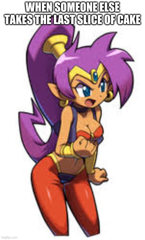 Shantae Mad | WHEN SOMEONE ELSE TAKES THE LAST SLICE OF CAKE | image tagged in shantae mad | made w/ Imgflip meme maker