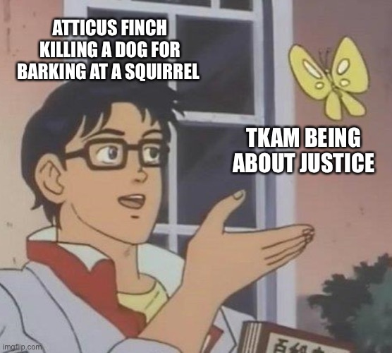 Is This A Pigeon Meme | ATTICUS FINCH KILLING A DOG FOR BARKING AT A SQUIRREL; TKAM BEING ABOUT JUSTICE | image tagged in memes,is this a pigeon | made w/ Imgflip meme maker