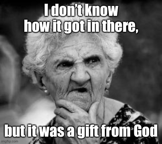 confused old lady | I don’t know how it got in there, but it was a gift from God | image tagged in confused old lady | made w/ Imgflip meme maker