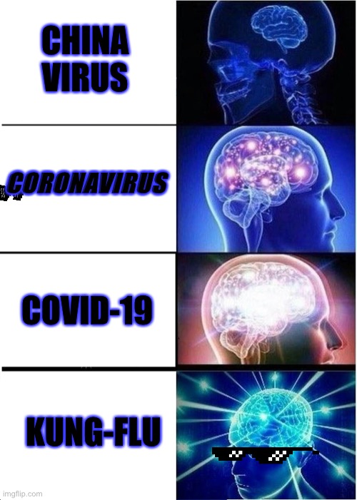 Coronavirus | CHINA VIRUS; CORONAVIRUS; COVID-19; KUNG-FLU | image tagged in memes,expanding brain,coronavirus | made w/ Imgflip meme maker