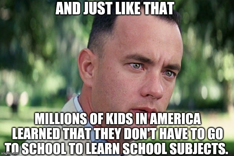 And Just Like That Meme | AND JUST LIKE THAT; MILLIONS OF KIDS IN AMERICA LEARNED THAT THEY DON'T HAVE TO GO TO SCHOOL TO LEARN SCHOOL SUBJECTS. | image tagged in memes,and just like that | made w/ Imgflip meme maker