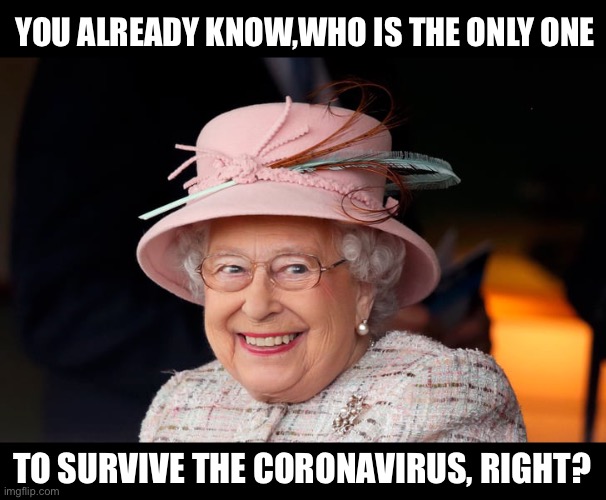 The immortal queen | YOU ALREADY KNOW,WHO IS THE ONLY ONE; TO SURVIVE THE CORONAVIRUS, RIGHT? | image tagged in queen elizabeth,coronavirus,immortal | made w/ Imgflip meme maker