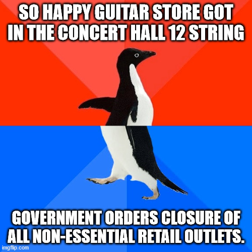 Socially Awesome Awkward Penguin Meme | SO HAPPY GUITAR STORE GOT IN THE CONCERT HALL 12 STRING; GOVERNMENT ORDERS CLOSURE OF ALL NON-ESSENTIAL RETAIL OUTLETS. | image tagged in memes,socially awesome awkward penguin | made w/ Imgflip meme maker