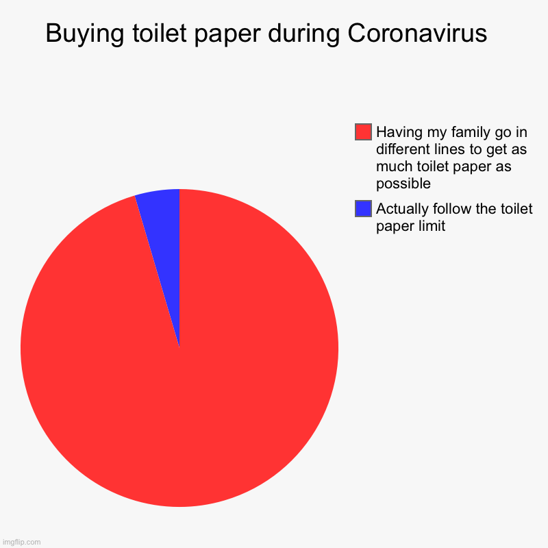 Buying toilet paper during Coronavirus  | Actually follow the toilet paper limit, Having my family go in different lines to get as much toil | image tagged in charts,pie charts | made w/ Imgflip chart maker