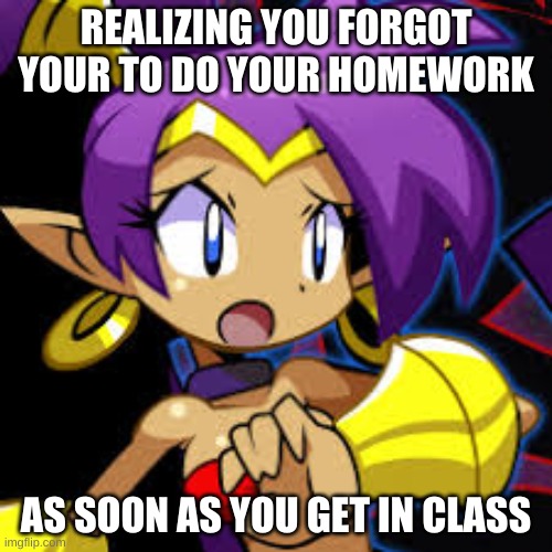 Shantae scared | REALIZING YOU FORGOT YOUR TO DO YOUR HOMEWORK; AS SOON AS YOU GET IN CLASS | image tagged in shantae scared | made w/ Imgflip meme maker