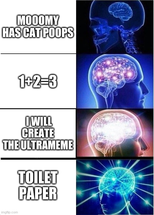 Expanding Brain | MOOOMY HAS CAT POOPS; 1+2=3; I WILL CREATE THE ULTRAMEME; TOILET PAPER | image tagged in memes,expanding brain | made w/ Imgflip meme maker