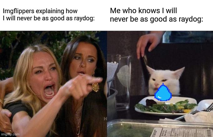 Why does raydog get all the credit? I make good memes too :( | Imgflippers explaining how I will never be as good as raydog:; Me who knows I will never be as good as raydog: | image tagged in memes,woman yelling at cat,raydog | made w/ Imgflip meme maker