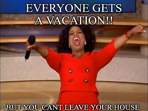 oprah covid 19 | EVERYONE GETS A VACATION!! BUT YOU CANT LEAVE YOUR HOUSE | image tagged in memes,oprah you get a | made w/ Imgflip meme maker